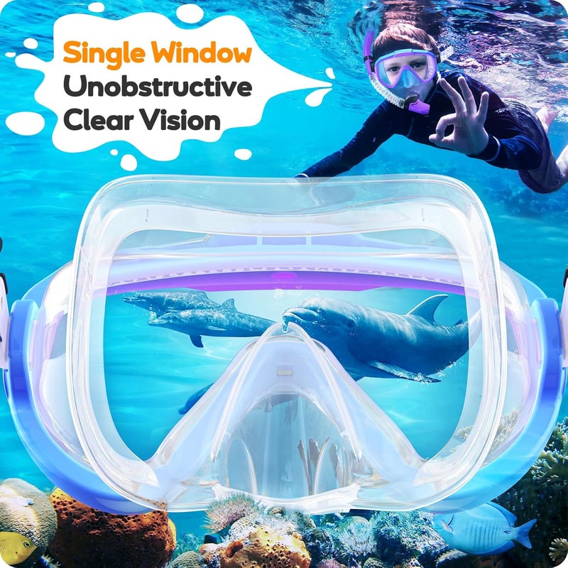 Seovediary Kids Snorkel Set, Anti-Fog Panoramic Tempered Glass Kids Snorkel mask, Anti-Leak Scuba Diving Mask with Mesh Bag, Dry Top Snorkeling Gear for Kids and Youth Age 4-16 - Image 3